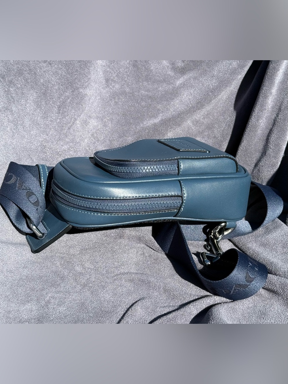 COACH Racer Sling Pack In Smooth Leather in Dark Denim Blue with Silver Hardware - Picture 3 of 14